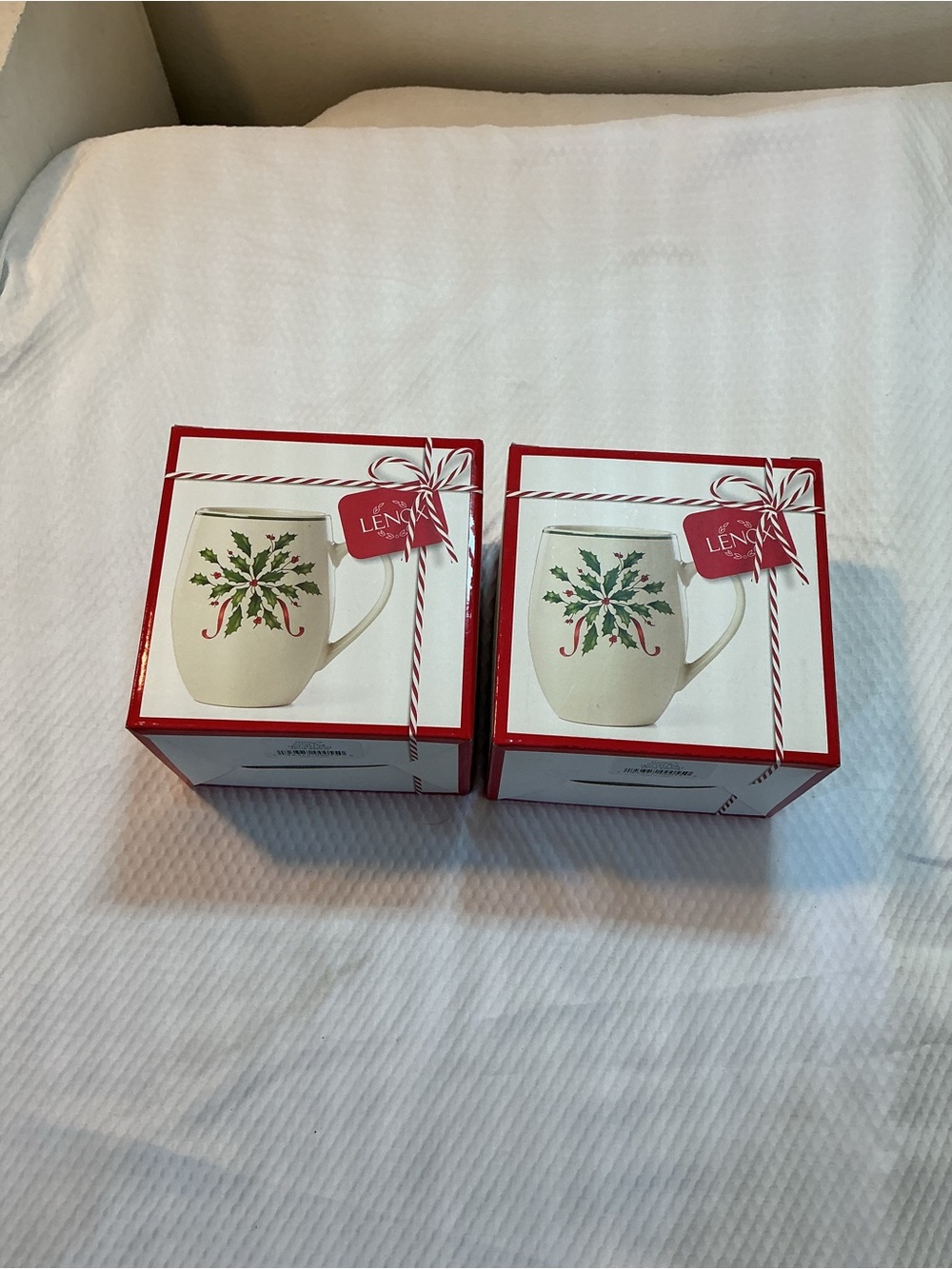 Lenox Holiday Poinsettia Ivory and Green Mugs - Set of 2